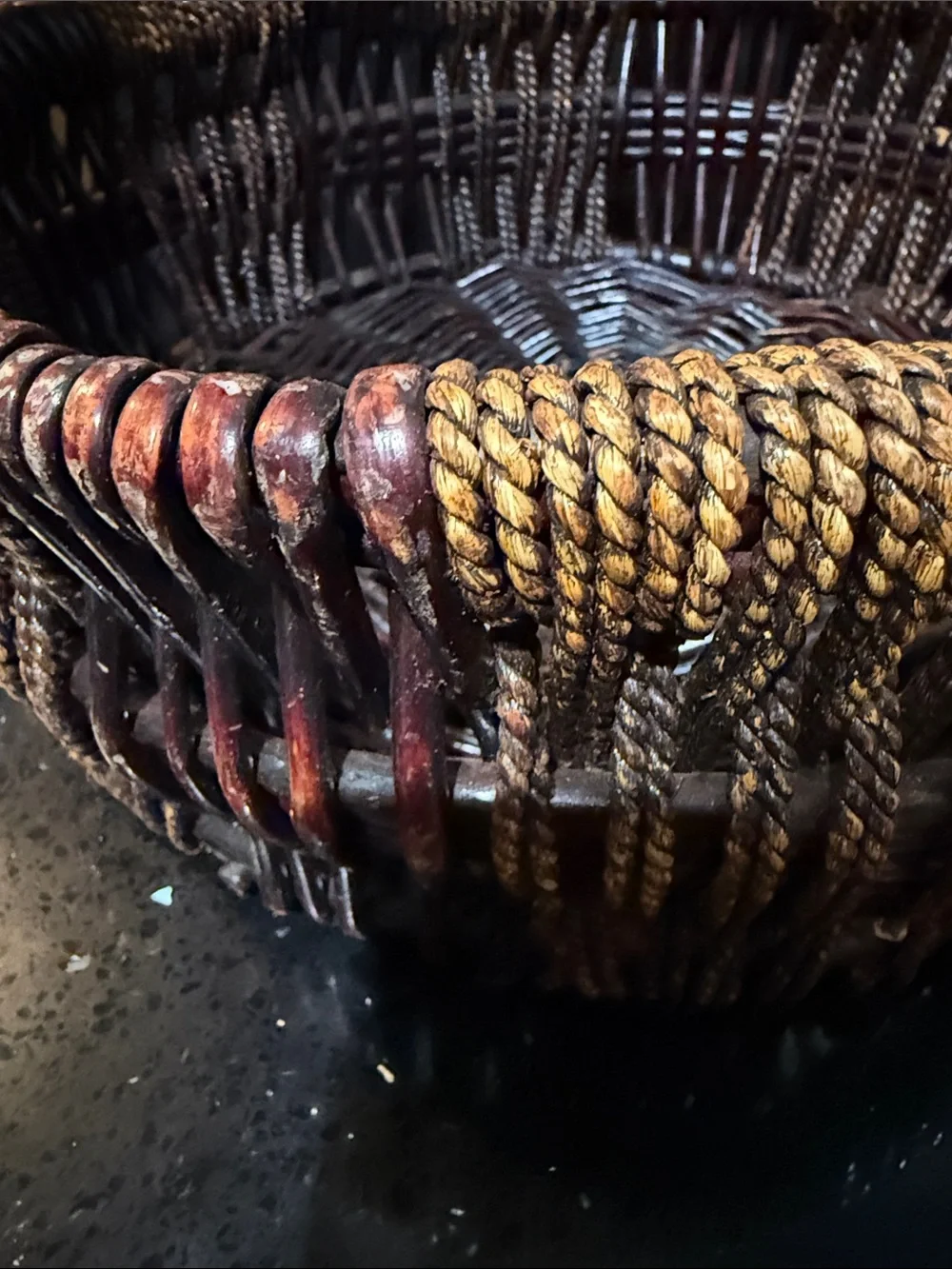 Woven Decorative Round Handle Basket in Brown and Tan